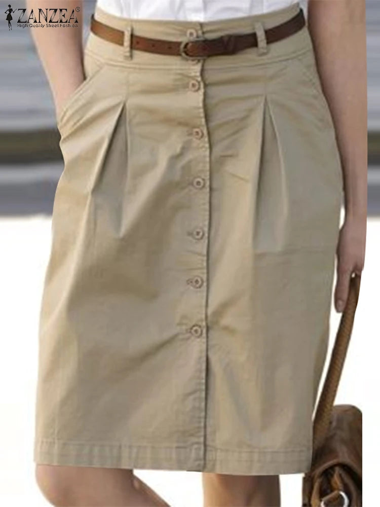 ZANZEA Woman Fashion OL Work Skirts Summer Elegant High Waist Skirt Female Casual Pleated Robe Vintage Buttons Up Faldas Saia