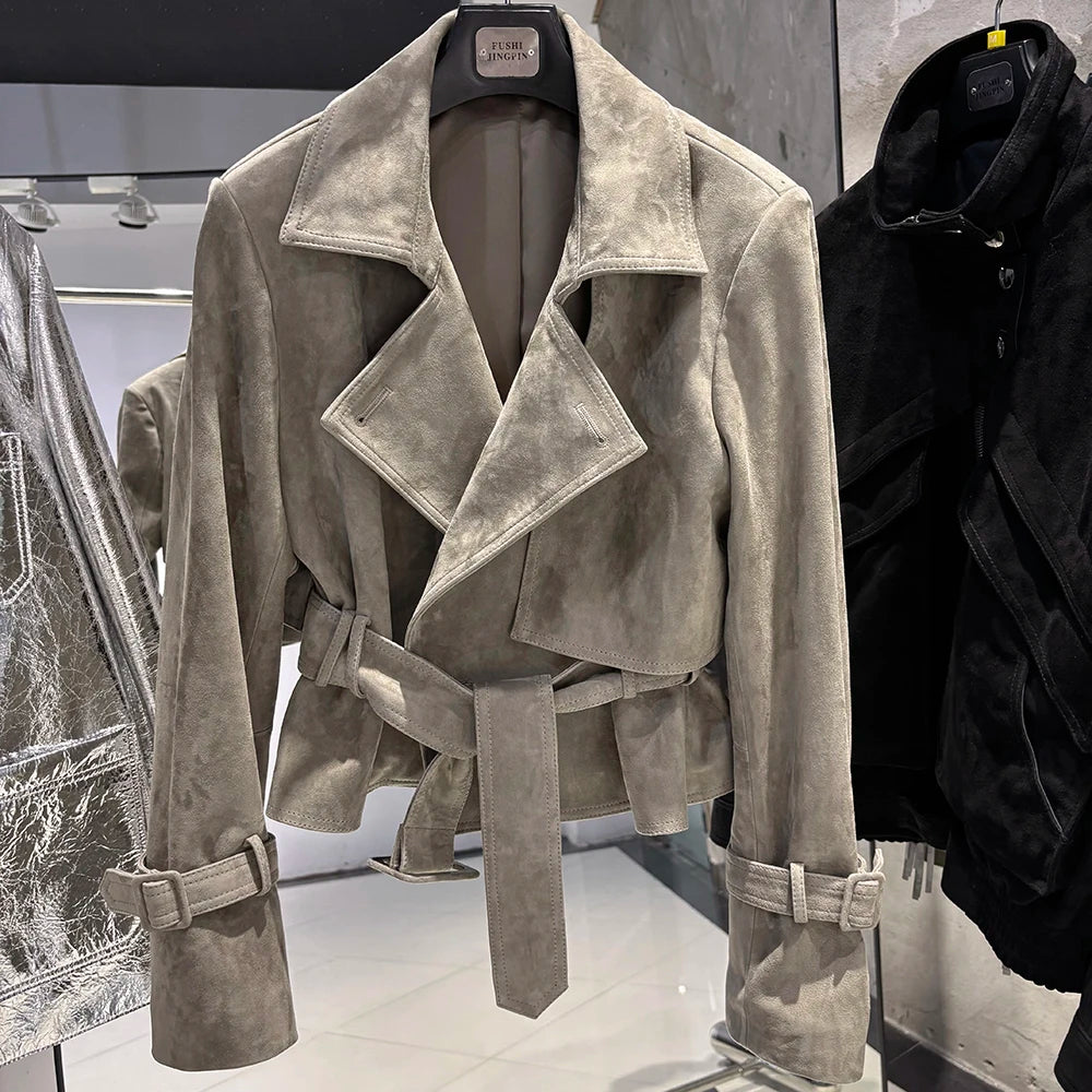 YOLOAgain 2025 Autumn Elegant Real Leather Jacket Coat Women Oversized Leather Jacket With Belt
