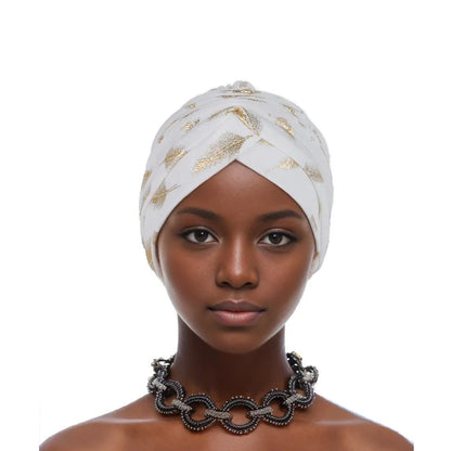 Feather Gold Stamping Fabric Turban Cap for Women African Wrap Head Bonnet Muslim Under Scarf Hat Turbante Mujer
