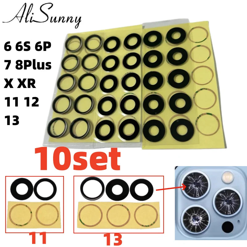 AliSunny 10pcs Back Camera Glass for iPhone 7 8 Plus 6 6S 6Plus 7Plus X XR XS Max 11 12 Rear Cover Lens 3M Sticker Holder Parts