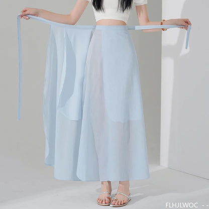 Chic Korea Clothes Summer Women Cute Sweet GIrls Solid Robe Holiday Date High Waist Retro Vintage Wrap One-Piece Lace-Up Skirts