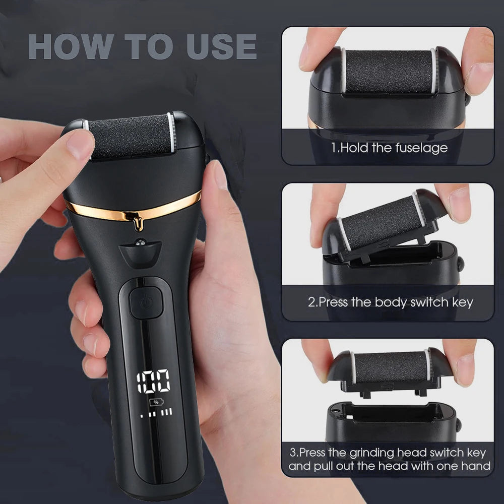 Electric Callus Remover Professional Foot File Pedicure Machine 3 Heads Adjustable Speeds Rechargeable Heel Dead Skin Scrubber
