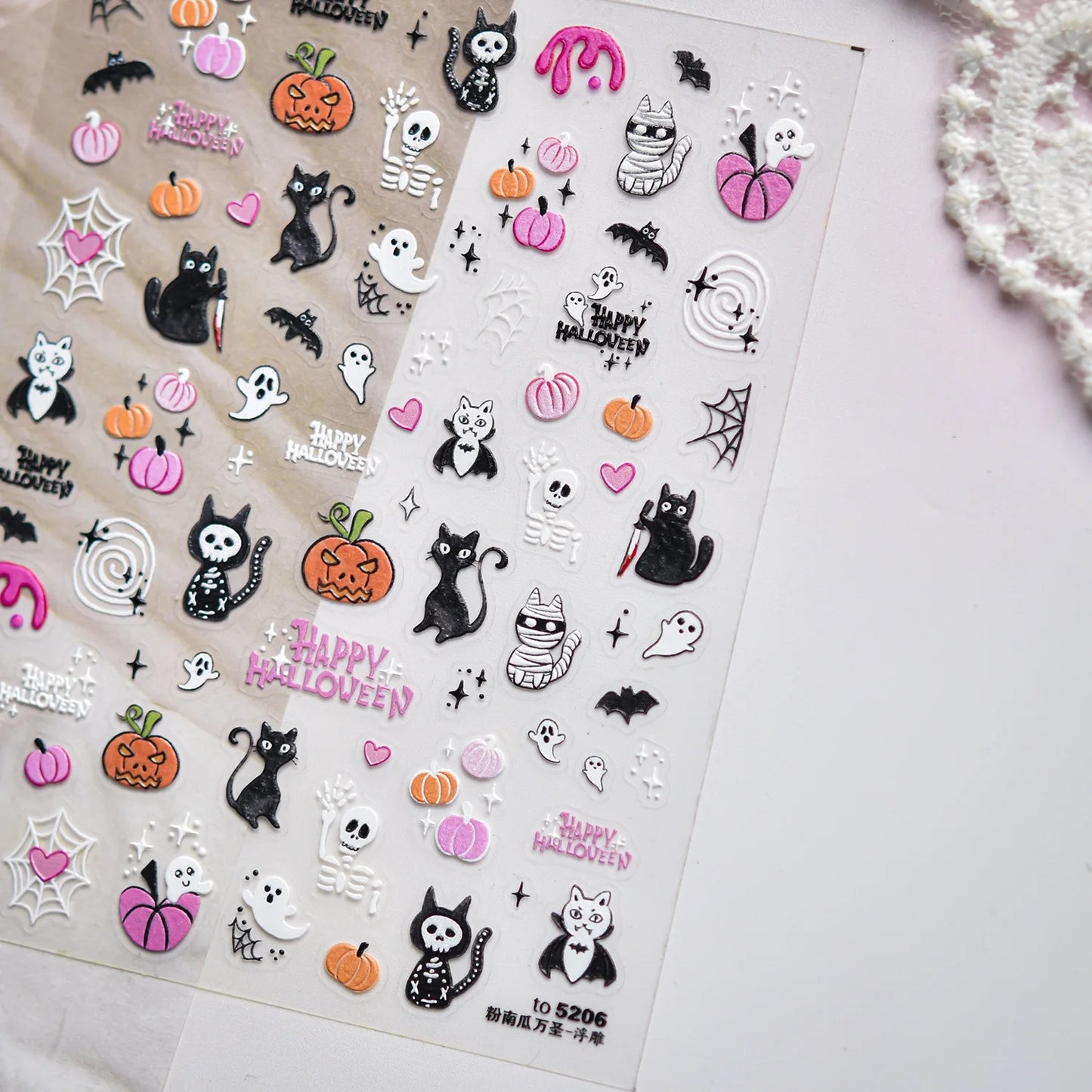 1sheet 5D Halloween Nail Stickers Pink/Green/Black Cartoon Pattern Nail Art Slider DIY For Sweet Cool Girl Cute Nail Decoration