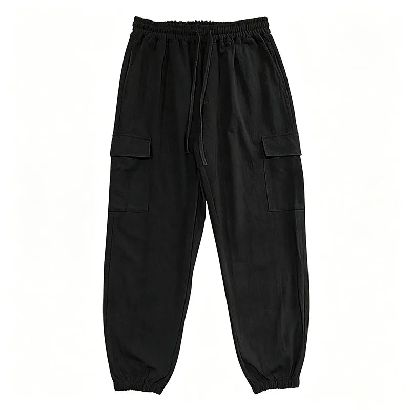 Men's Cotton Linen Blend Cargo Jogger Pants Elastic Waist Drawstring Multi Pockets Casual Breathable Streetwear Trousers for Men