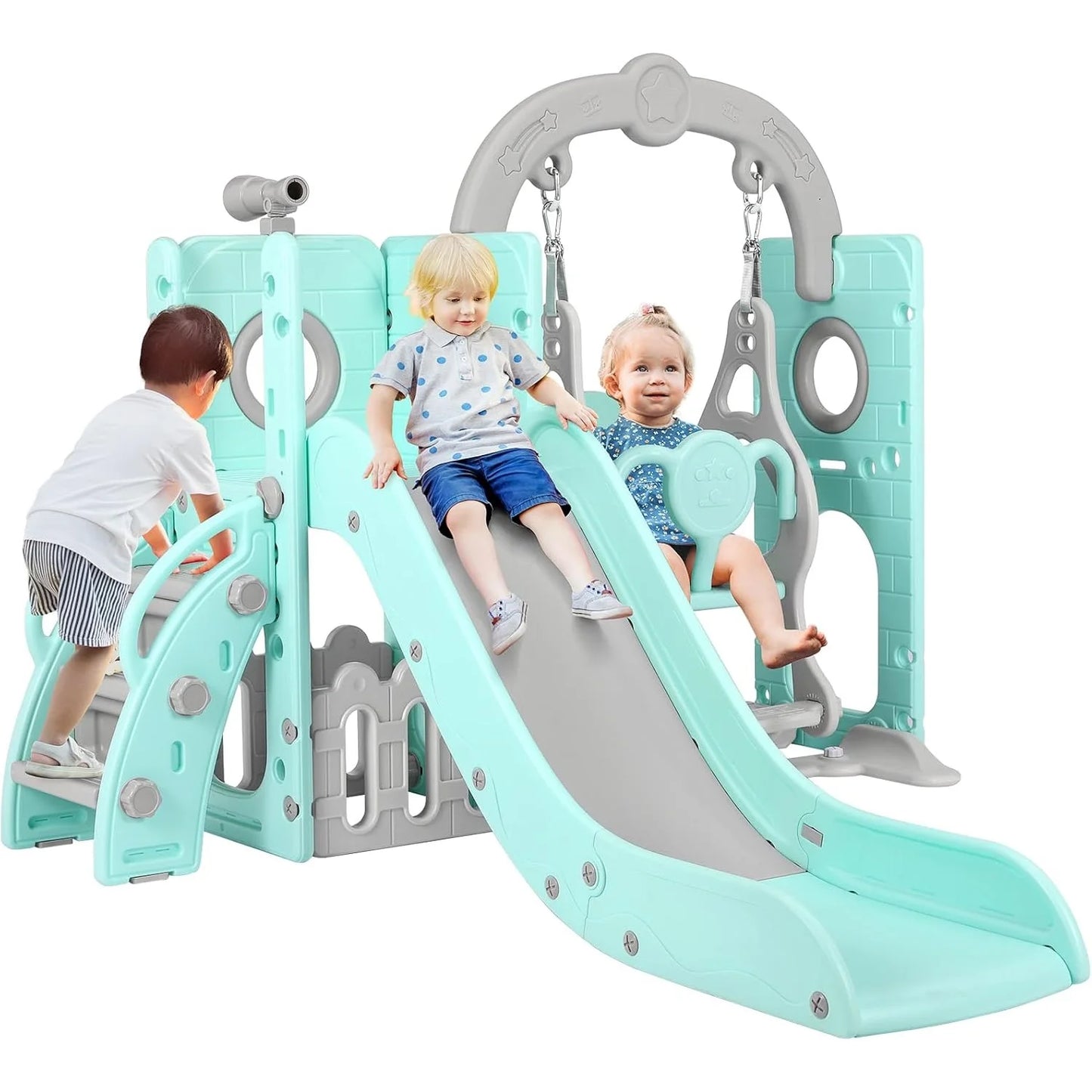 3-in-1 Toddler Slide Climber Playset, Freestanding Slide for Kids Indoor Outdoor Toy W/ Telescope, Tunnel, Basketball Hoop, Ball