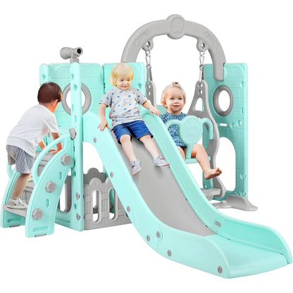 3-in-1 Toddler Slide Climber Playset, Freestanding Slide for Kids Indoor Outdoor Toy W/ Telescope, Tunnel, Basketball Hoop, Ball