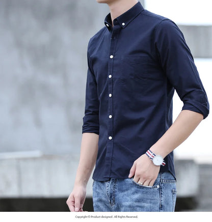 Classic Fit Cotton Full Casual Shirts for Men Solid Color Long-Sleeve Plain Shirt Single Pocket Top Soft Slim Fit Formal Clothes