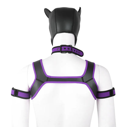 Large Size Puppy Cosplay Neoprene Fetish Hood Mask Kit with Chest Strap Collar Armband Sex Costumes for Bdsm Slave Role Play