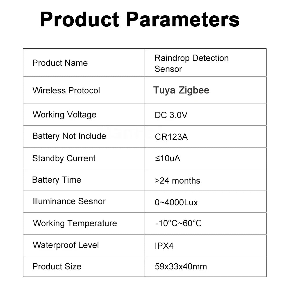 2 in 1 Tuya Zigbee Rain Sensor with Light Detector IPX4 Outdoor Waterproof Rain Detector Work with Smart Life Home Assistant Z2M