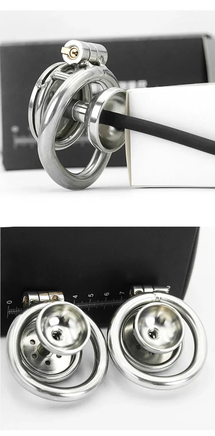 Urethral Inverted Negative Male Chastity Lock Flat Cock Cage with Metal Urethral Catheter for Couple Men Penis Ring Bondage BDSM