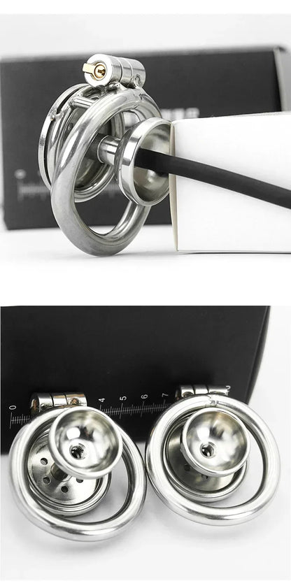 Urethral Inverted Negative Male Chastity Lock Flat Cock Cage with Metal Urethral Catheter for Couple Men Penis Ring Bondage BDSM