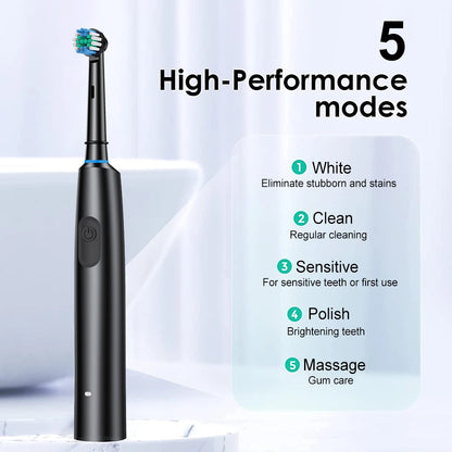 Electric Rotating Toothbrush Deep Clean Whitening Teeth for Adult Ultrasonic Toothbrush with 4/8pcs Refill Replacement Heads