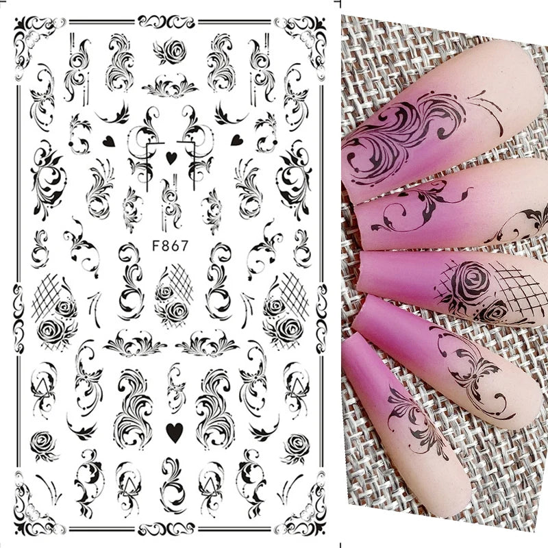 Black and White Love Flowers Line Art 3D Stickers Nail Decals Nail Art Accessories Butterfly Rose Nail Stickers Nail Sliders