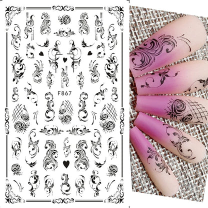 Black and White Love Flowers Line Art 3D Stickers Nail Decals Nail Art Accessories Butterfly Rose Nail Stickers Nail Sliders