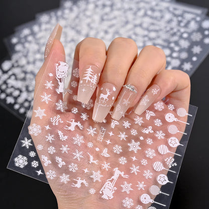 1sheet 3D White Snowflakes Nail Stickers for Christmas Winter Snow Flower Self-adhesive Nail Art Decals DIY Manicure Decorations