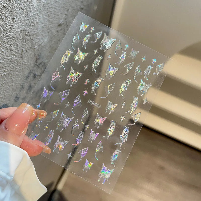 Pink Purple Aurora Shell Butterfly Nail Stickers Shiny Laser 3D Butterflies Nail Decals 8*10cm Adhesive Aurora Shell Butterfly N