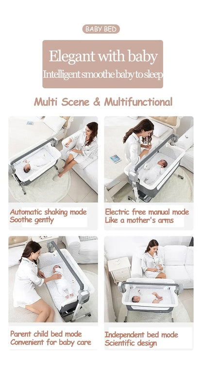 Electric Baby Crib Bassinet Cradle Bluetooth Music Timer with Automatic Swing Remote Control Foldable Design Breathable Mesh Sides Soft Mattress Stable Frame Safe Sleeping Bed for Newborn Infant Home Use and Travel Comfort Ba