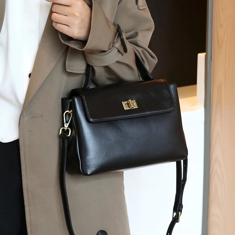 Genuine Leather Top Handle Crossbody Bag for Women Vintage Oil Wax Leather Shoulder Bag Small Luxury Designer Satchel Handbag