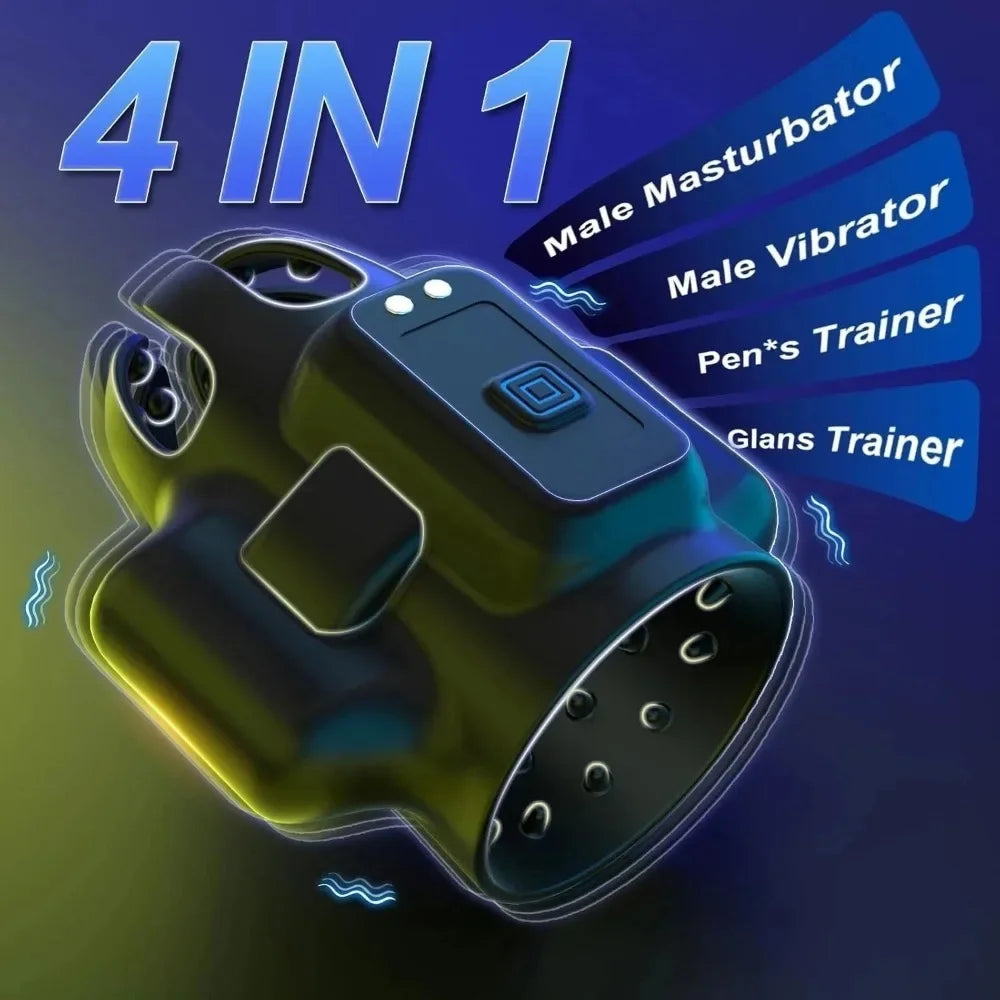 4-in-1 Male Vibrator adult sex toys Glans trainer Penis exerciser with 2 Motors, 10000 RPM, 10 Modes and Magnetic Charging