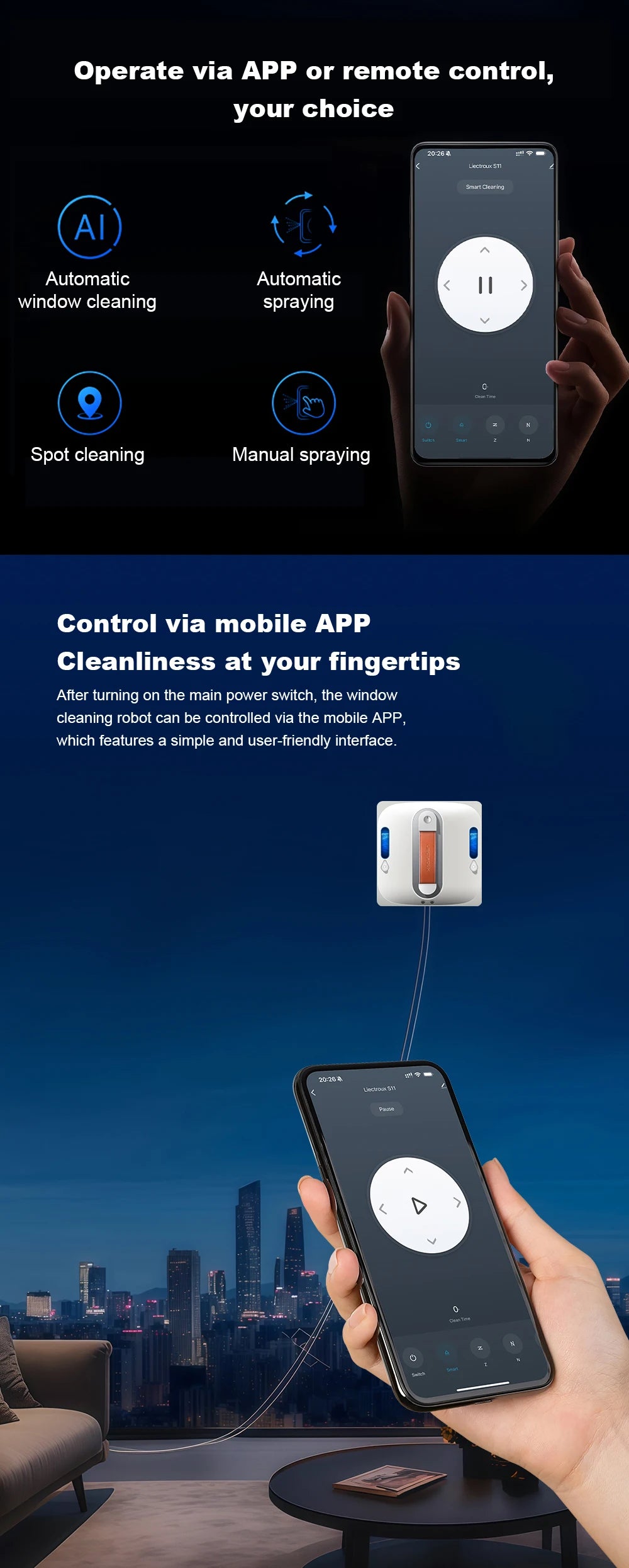 Robot Window Cleaner Liectroux S11,9000Pa Strong Suction, 4-Way Water Spray, Floating Scraping Tech, Smart Memory,APP Control