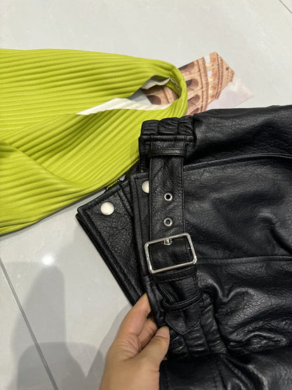 New Outerwear Leather Jacket Women American Retro Top Sheepskin Bubble Leather Double Lapel Loose Profile Coffee Locomotive Coat
