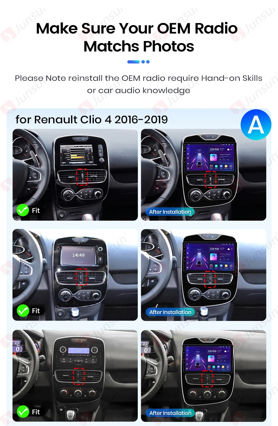 Junsun Wireless CarPlay Android Auto Car Radio for Renault Clio 4 2012- 2017 2 DIN Multimedia Stereo with Built-in Cooling Fan GPS Navigation SWC Bluetooth FM RDS DSP IPS Screen Car Intelligent Systems 4G WiFi 8 Core