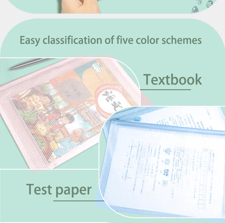 5pcs Mesh Zipper Pouch Document Bag Waterproof Zip File Folders A4 School Office Supplies Pencil Case Storage Bags