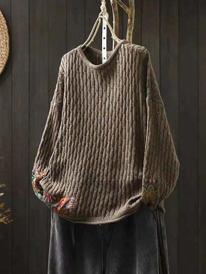 Winter Fall Fashion Vintage Sweater Women's O-neck Loose Casual Lazy-style Casual Pullover Tops Flower Print Patchwork Knitwear
