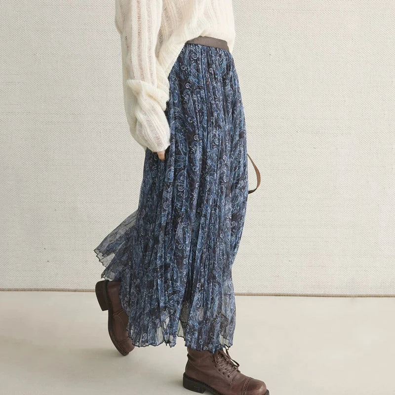 High Waisted Printed Vintage Long Skirts Women Korean Loose Pleated A Line Mesh Skirt Woman Big Hem Mid Length Tulle Skirts