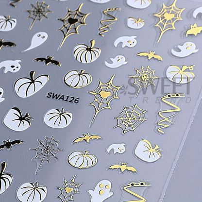 3pcs Metal Spooky Pumpkin Nail Art Stickers Glitter Spiders Web Maple Leaf Adhesive Decals French Halloween Foils Manicure Tips