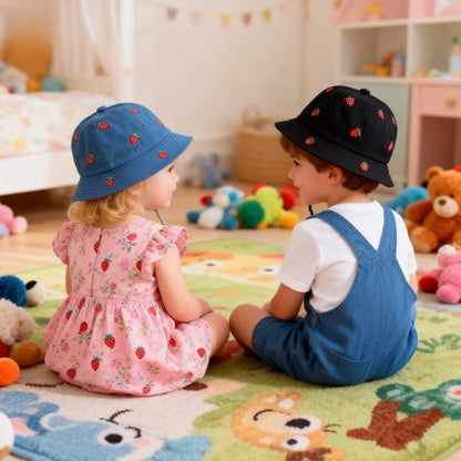 Boys Cute Sun Bucket Cap 48-50cm Spring Summer New Girl Fisherman Hat with Strawberry Embroidery Fashion Kids Toddler Outfit Cap