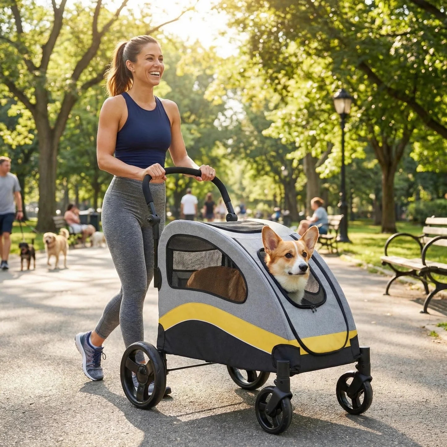 Heavy Duty Pet Wagon & Large Dog Stroller , Collapsible Dog Cart with Adjustable Handle, Breathable Mesh and Storage Pockets