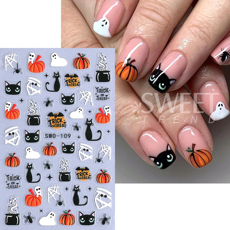 1/3pcs 3D Halloween Nail Stickers Pumpkin Ghost Spider Skull Design Bow  Flower Cute Cat Adhesive Slider Decals Manicure Decor