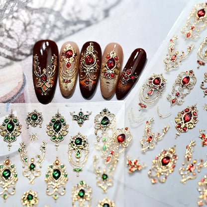 5D Embossed Emerald Gemstones Nail Art Stickers Luxury Golden Frame Baroque Flower Nail Decals Green Rhinestones Nail Supplies