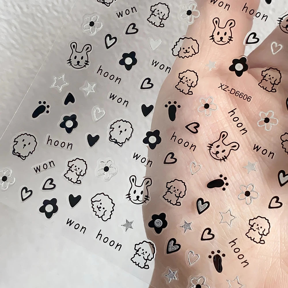 12sheet Cartoon Black Cat Nail Stickers Set Multiple Action Kawaii Puppy Kitten Nail Art Decals Adhesive Kids Manicure Decoratio
