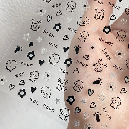 12sheet Cartoon Black Cat Nail Stickers Set Multiple Action Kawaii Puppy Kitten Nail Art Decals Adhesive Kids Manicure Decoratio