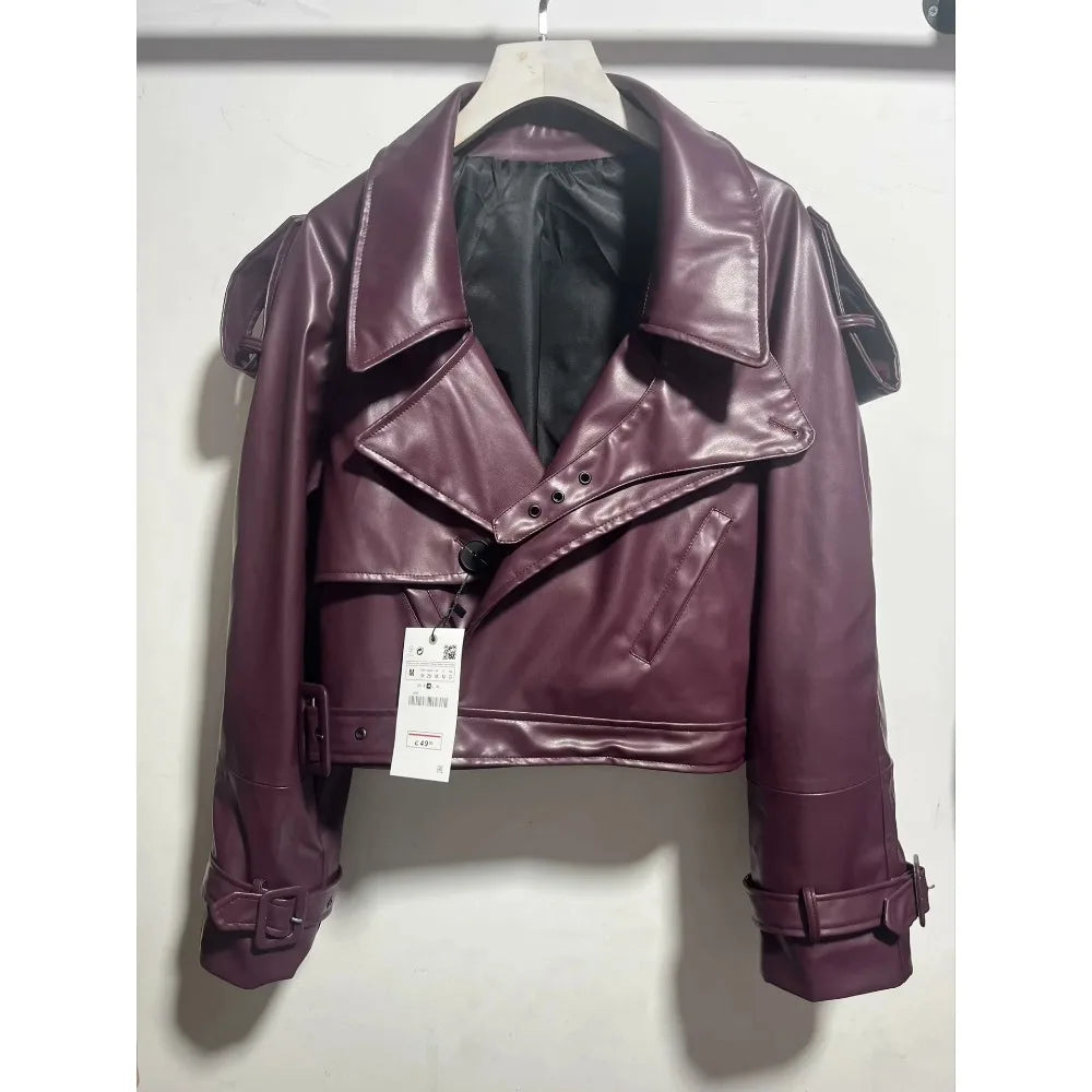 Vintage Lapel Leather Biker Jacket Women Bomber Jacket Short Coat Streetwear Zip Long Sleeve Windproof Outerwear Black Wine Red