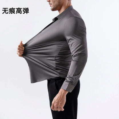 100KG Non-Iron Four-way High Stretch Men's Long Sleeve Shirt Silky Soft Sommth Blue Black Business Party Wedding Male Clothing