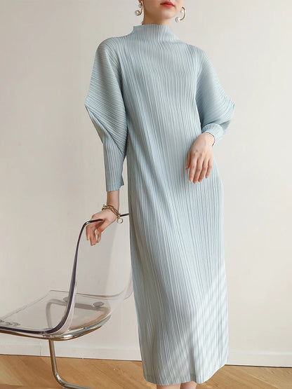 Miyake Pleats Batwing Sleeve Pleated Long Dress Korean High Fashion Causal Elegant Women Designer Clothing