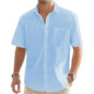 Men's Solid Color Cotton Linen Short Sleeve Shirts Vacation Beach Summer Tops with Pocket Casual Lightweight Button Shirts