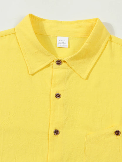 2025 Autumn New Men's Cotton and Hemp Long Sleeve Shirt Loose Casual with Pocket Collar Shirt