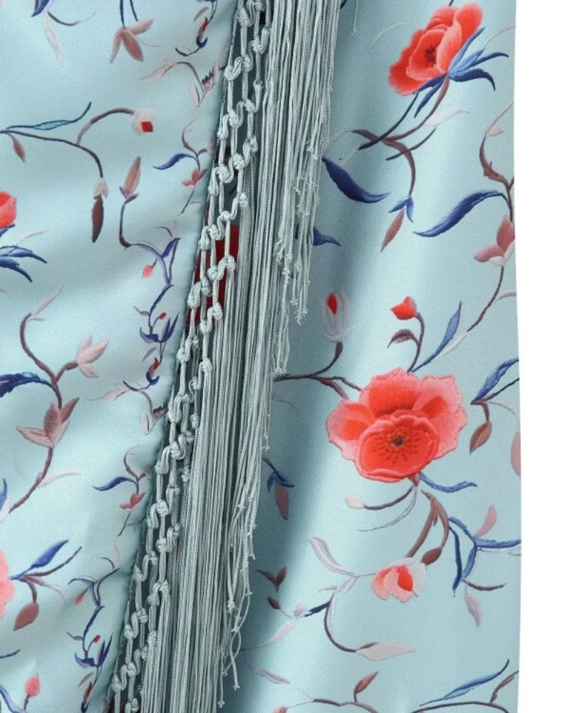 2026 Women Satin Floral Print Halter Neck Dress Fringe Trim Asymmetrical Hem Party Maxi Dress for Beach Vacation