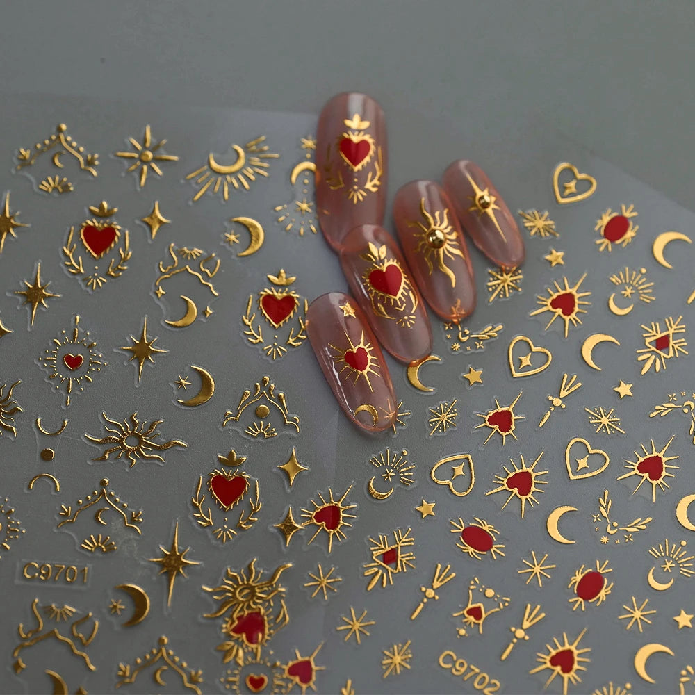 1pcs 3D Bronzing Gold Love Heart Nail Art Stickers Y2K Holographic Stars Sun Starlight DIY Nail Decals Heart Manicure Decoration