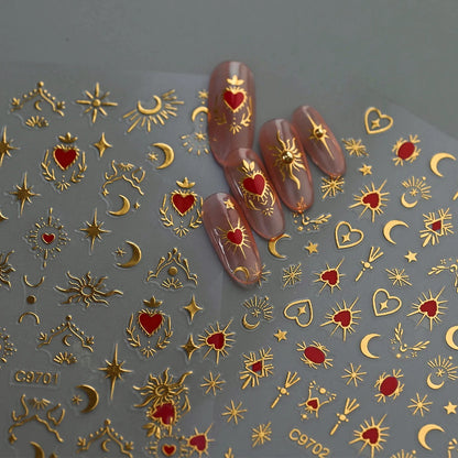 1pcs 3D Bronzing Gold Love Heart Nail Art Stickers Y2K Holographic Stars Sun Starlight DIY Nail Decals Heart Manicure Decoration