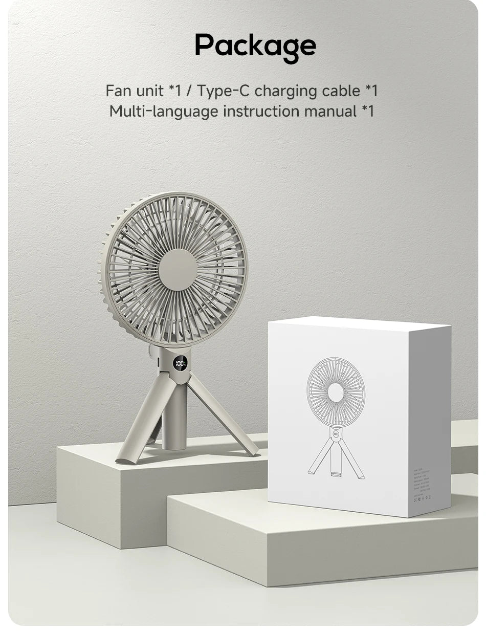 XIAOTREE Portable Handheld Rechargeable Fan LED Digital Display 180°Adjustable Rechargeable Fan 4 Speed Wind Camping Tripod Fan