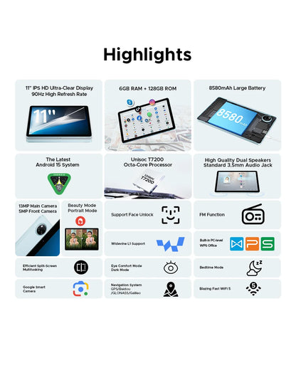 DOOGEE Tab A9 Pro+ Tablet PC Android 15 Dual Speakers 11'' Screen 30GB RAM (6GB+24G) 128GB 8580mAh Battery Widevine L1 Smart Pad