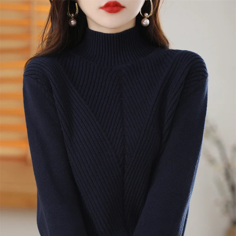 Women 100% Cotton Knit Sweater Half-high Collar Stripe Pullover Autumn Winter Thickened Bottoming Clothing Casual Knitted Tops