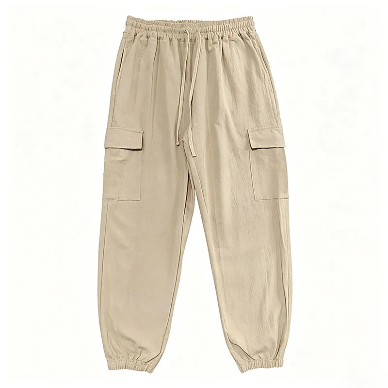 Men's Cotton Linen Blend Cargo Jogger Pants Elastic Waist Drawstring Multi Pockets Casual Breathable Streetwear Trousers for Men