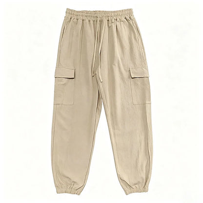 Men's Cotton Linen Blend Cargo Jogger Pants Elastic Waist Drawstring Multi Pockets Casual Breathable Streetwear Trousers for Men