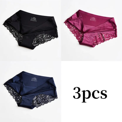 3pcs Lace Women's Panties French Seamless Underwear Female Ice Silk Briefs Solid Color Breathable Underpants Lingerie